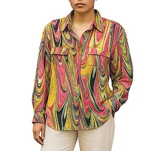 MELISSA PAIGE Retro Colorful Paint Slide Button Down Sh…100% Polyest…